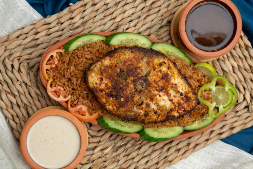 Traditional seafood meal at Al Basali Seafood Restaurant in Historic Jeddah